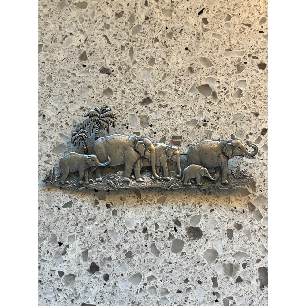 Vintage JJ Jonette Elephant Family Brooch Pewter Silver Tone Animal Parade Pin